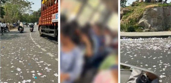 സ്കൂൾ ബസിൽ നിന്നും പേപ്പർ കഷ്ണങ്ങൾ പറത്തി വിദ്യാർത്ഥികൾ; ചോദ്യം ചെയ്ത് ബൈക്ക് യാത്രക്കാരൻ,